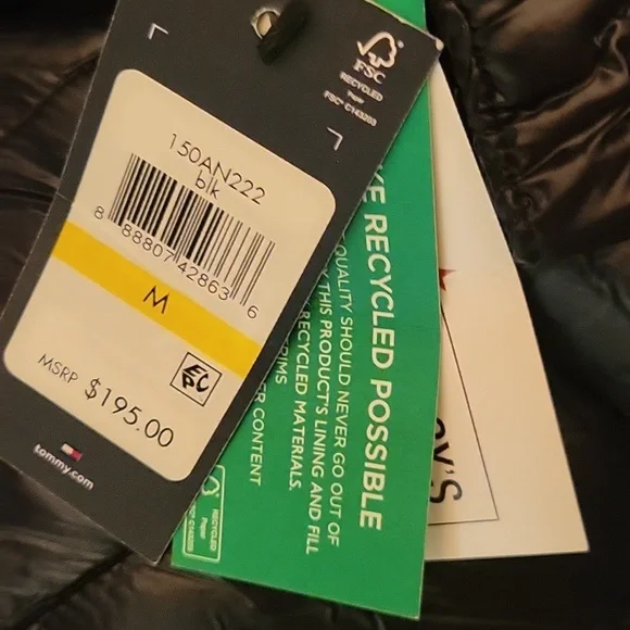 Tommy Hilfiger Men's Shiny Quilted Black Puffer Jacket With Logo SZ M - Picture 9 of 15